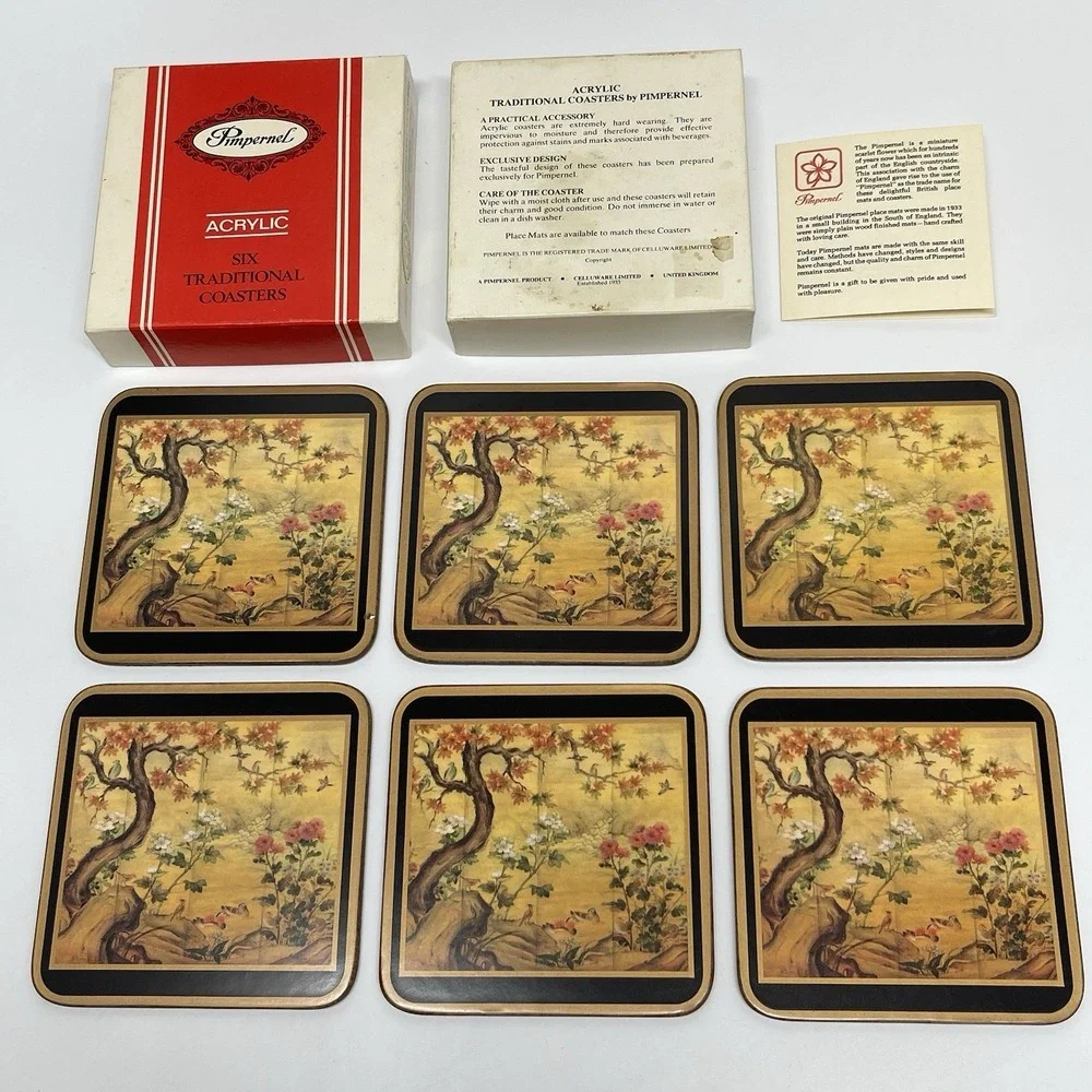 Vintage Pimpernel Acrylic Coasters Chinese Screen Pattern‎ Back Corked set Of 6